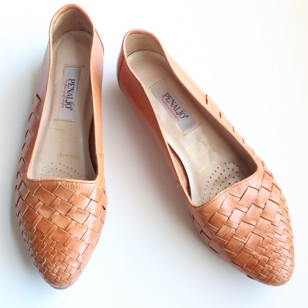 Penaljo Vintage Tan Woven Leather Slipons / Flats / Low Heel Comfort Shoes